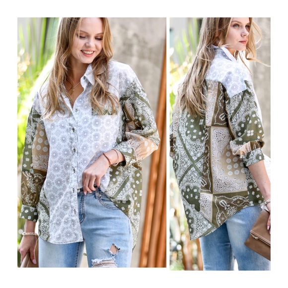 Vintage Olive Medallion Patchwork Oversized Blouse - Picture 6 of 7